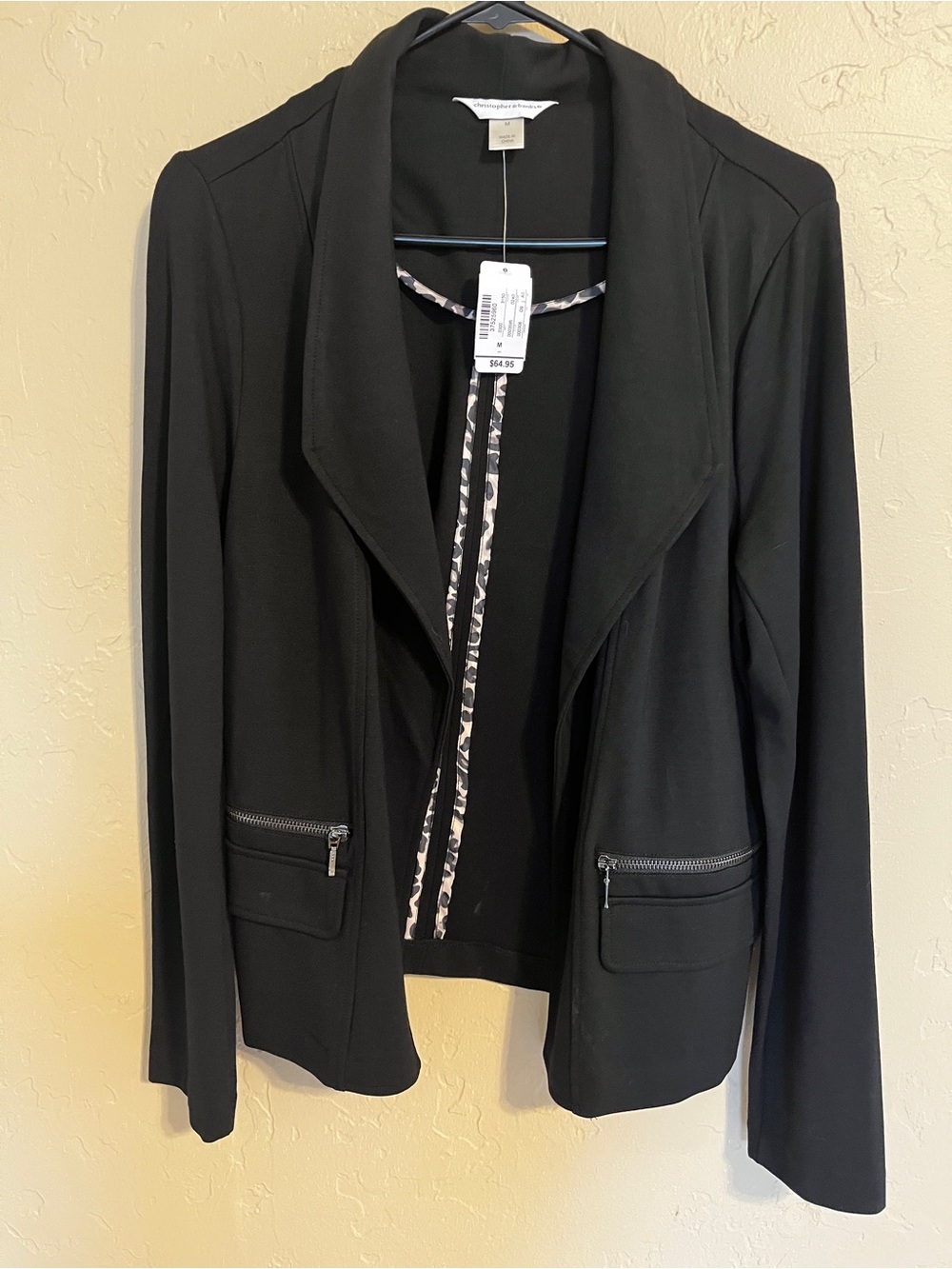 Christopher & Banks black blazer jacket NWT MEDIUM ZIP Pockets leopard accents